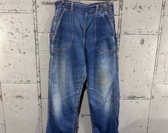 True Vintage jaren 50 Blue Bell Brand Blue vervaagde reapired Contrast Stitch Utility Farm Workwear denim jeans met zijrits 27 x 27,5