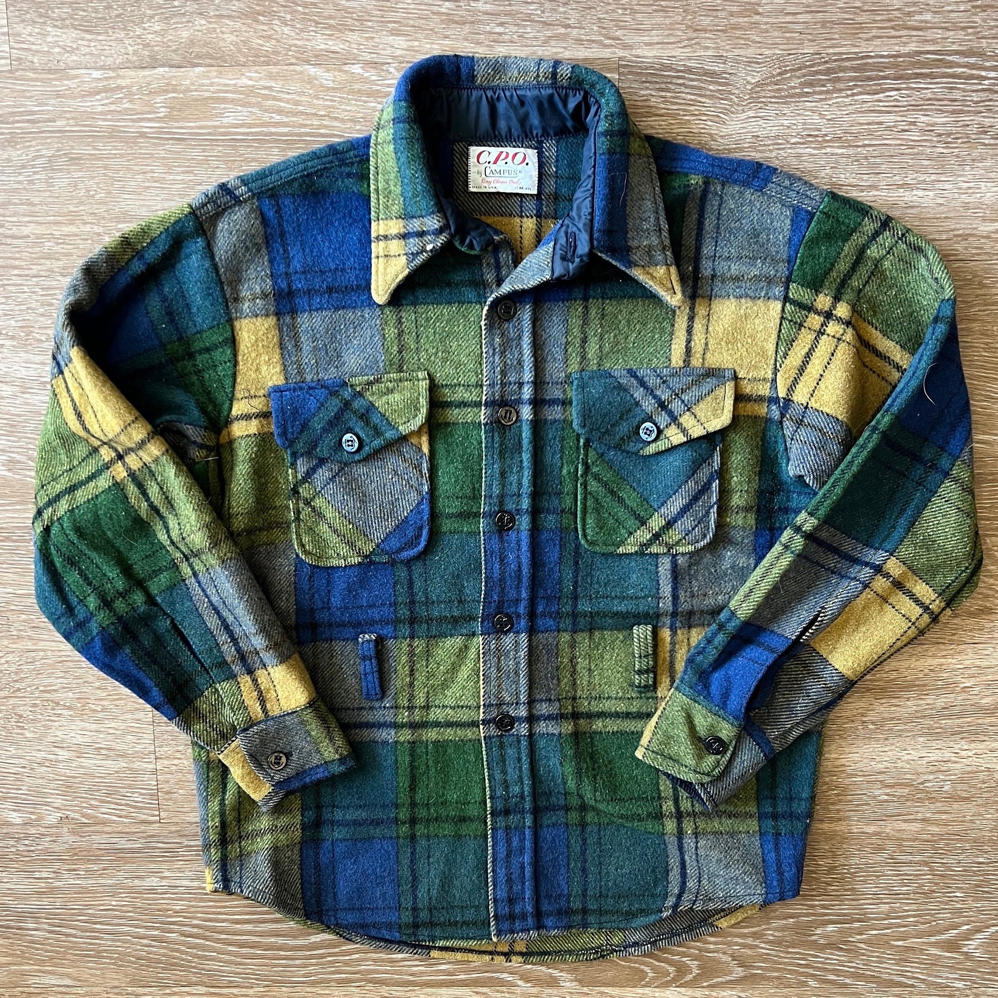 60s Campus CPO Flannel Blue Green Plaid Wool Shirt Jacket Men’s Medium