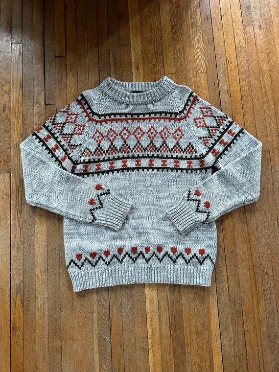 Vintage 70s Sweater Pattered Men’s Karge Gray Ora… - image 1