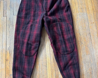 60s hunting wool pants plaid Buffalo red black warm trousers with suspender buttons workwear 40x32