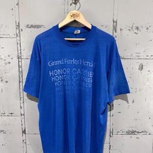 Vintage 80s Stedman Royal Blue Paper Thin Thrashed Distressed Grand Forks Herald See Through Graphic T-Shirt XL