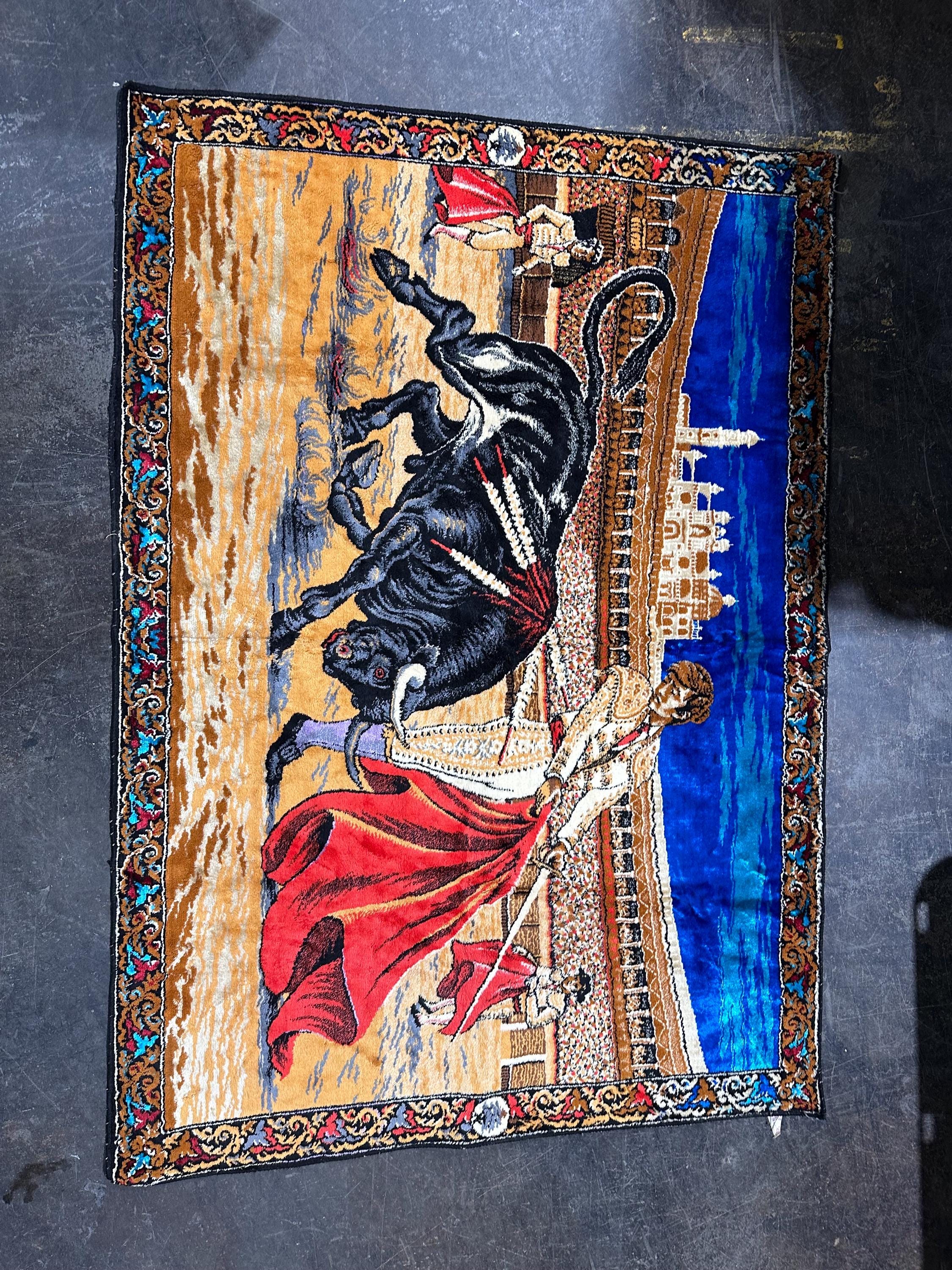 Vintage MCM Mid Century Velvet Tapestry Spain Spanish Bull Matador ...