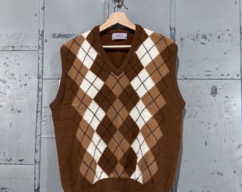 Vintage Argyle Print Rust Brown Sweater Vest lambswool size large
