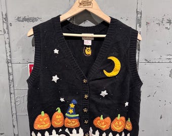 Maglione gilet lavorato a maglia vintage anni '90 con motivo Toffee & Apple, Halloween, simpatico gatto nero e zucca, autunno, all'aperto, nonna, immagine brutta, taglia L