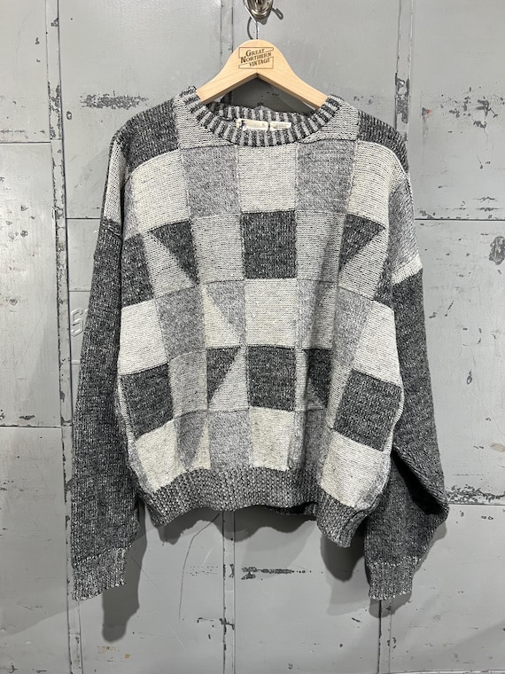 Vintage 80s Gray square pattern wool acrylic swea… - image 1