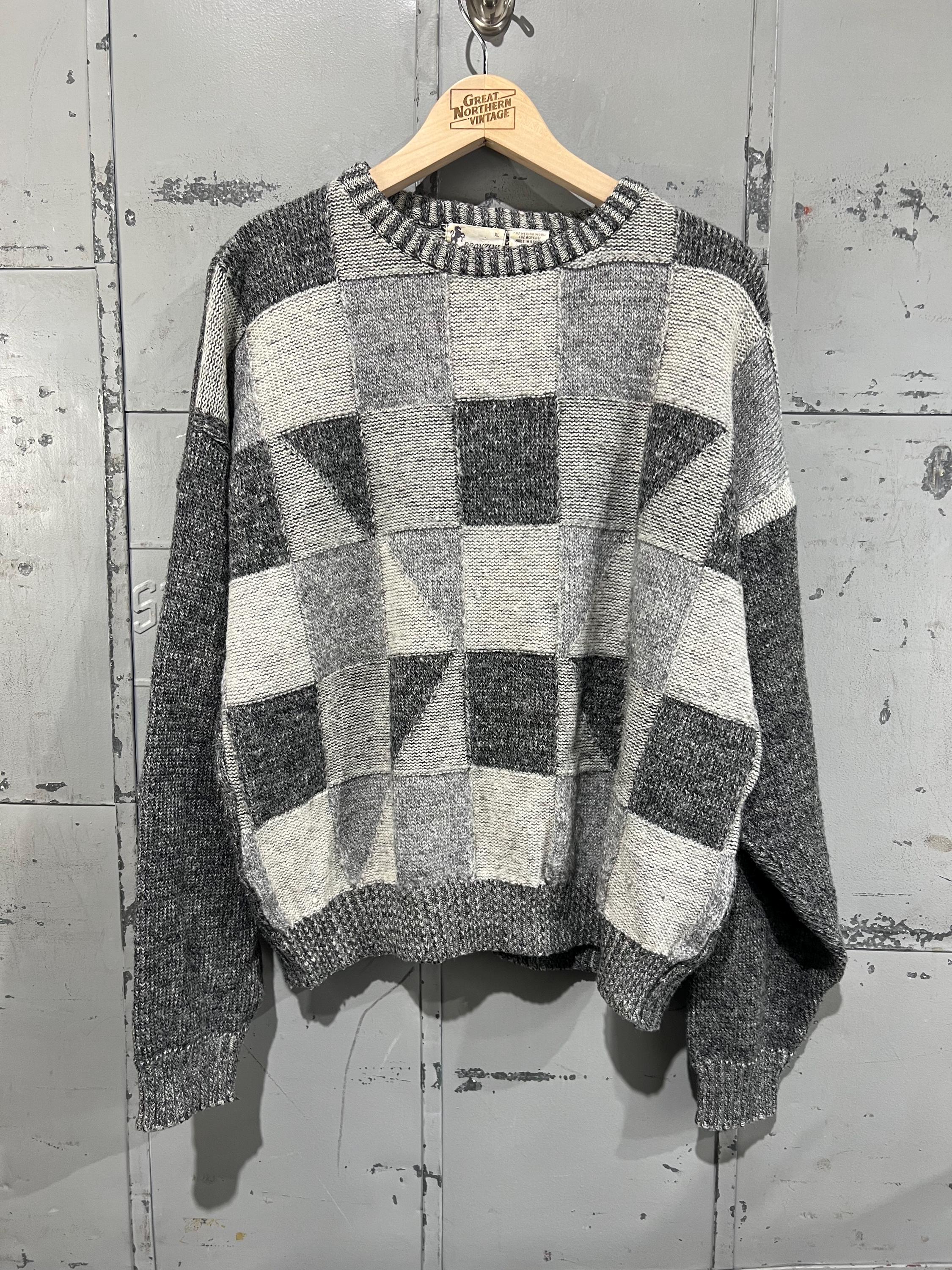 Vintage 80s Gray Square Pattern Wool Acrylic Sweater Essential 