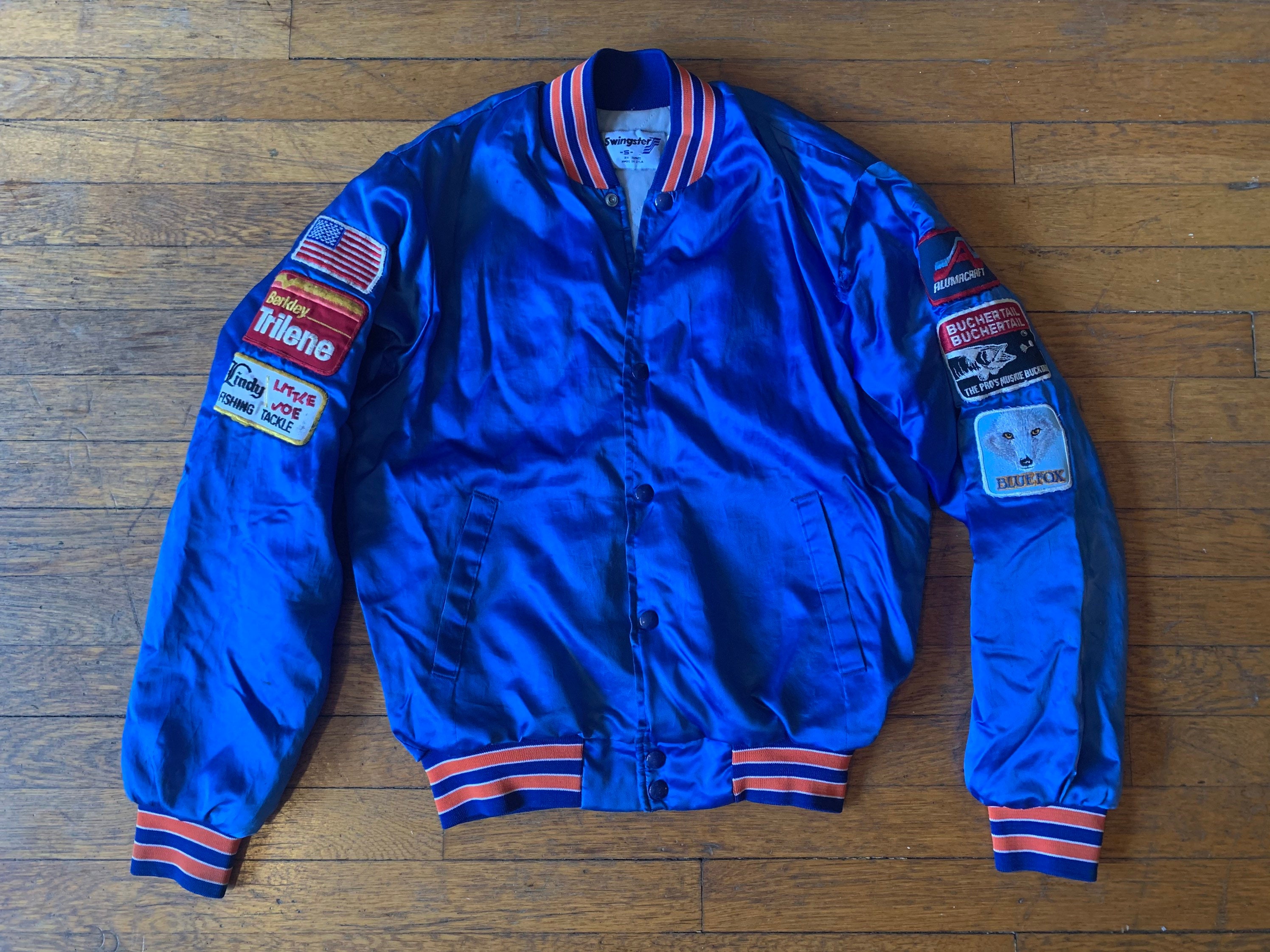 Small 80s Patched Satin Fishing Bomber Jacket Bass Fishing Pro