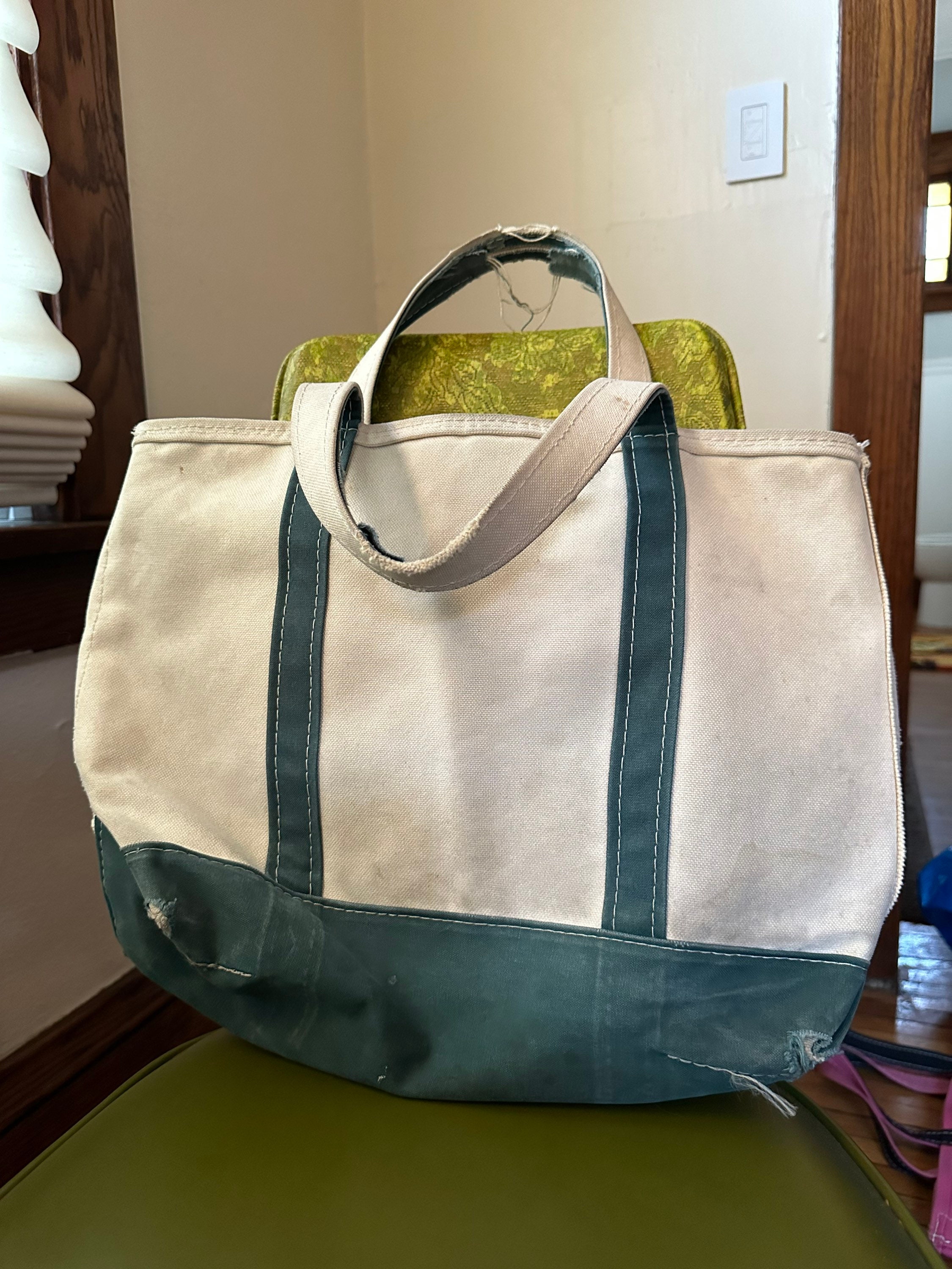 L.L. Bean, Bags, Ll Bean Boat Tote Cream Blue Canvas Monogrammed Zippered  Long Straps Tote Bag