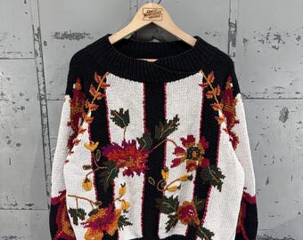 Sweter z dzianiny w stylu vintage z lat 90. Glenville Road Brand z mieszanki bawełny w czarno-białym kolorze z motywem jesiennych kwiatów i liści, z motywem Halloween, rozmiar M