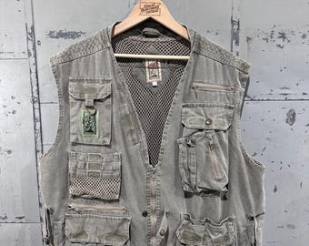 Vintage jaren 90 aardetinten katoen Australische Thomas Cook Utility multi-pocket werkkleding vliegvisvest groot