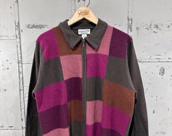 Vintage 90s Merino Wool Pendleton Autumn Colors Earth Tone Block Pattern Full Zip Sweater Cardigan XL