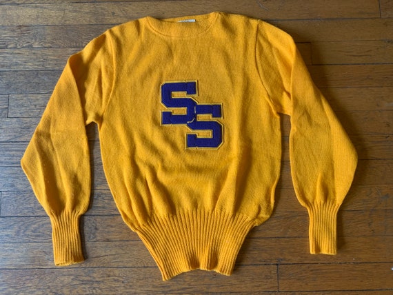 Small 50s Varsity Pullover Sweater Mustard Yellow… - image 1