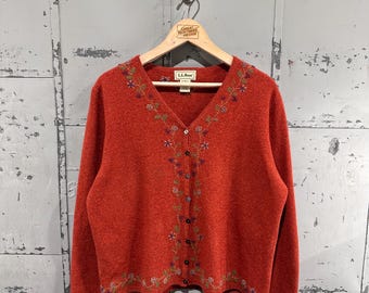 Cárdigan de punto vintage de los 90 de la marca L.L. Bean, mezcla de lana y seda, acogedor, colores cálidos de otoño, bordado floral, talla grande.