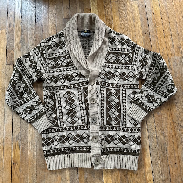 Vintage 70s Sweater Caridgan Big Lebowski Pattern Men’s Medium