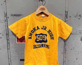 True Vintage 60s Champion Running Man Youth Flock Print Yellow Physical Education Shirt Youth-Large