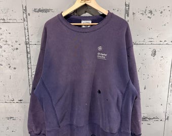 Vintage jaren 90 Lee Brand noodlijdend zonvervaagd smokeyblauw tot lavendel geborduurd omgekeerd geweven sweatshirt XL