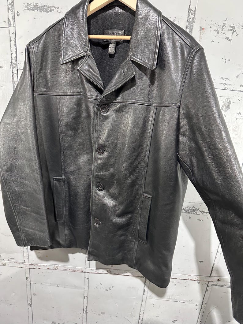 Vintage 90s J.Crew Black Label Leather Wool Lined Classy Pullover Worn In Leather Jacket Large image 5