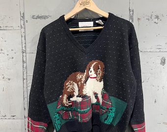 Vintage 1990s hand knit sweater Dog laying down puppy Picture knit portraits by Northern isles birds eye