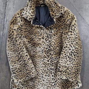 S 90er Jahre Geparden Print Jacke Fuzzy Strickjacke Pullover Schwarz S 1990er 1980er Jahre Shacket Halloween Kostüm Mantel Kunstpelz Muster