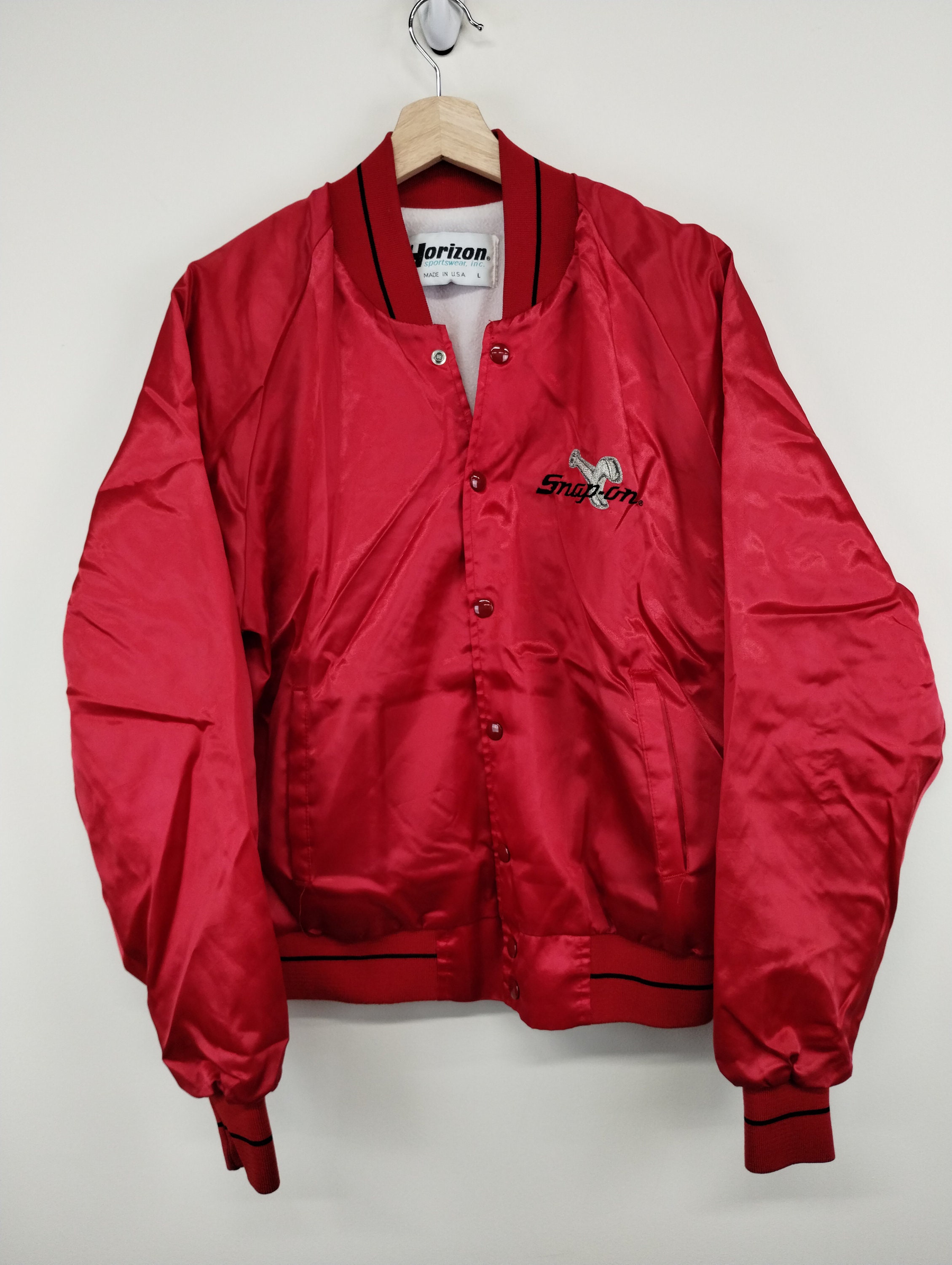 L 80s Horizon Snap on Tools Satin Varsity Red Jacket 1970s 1980s
