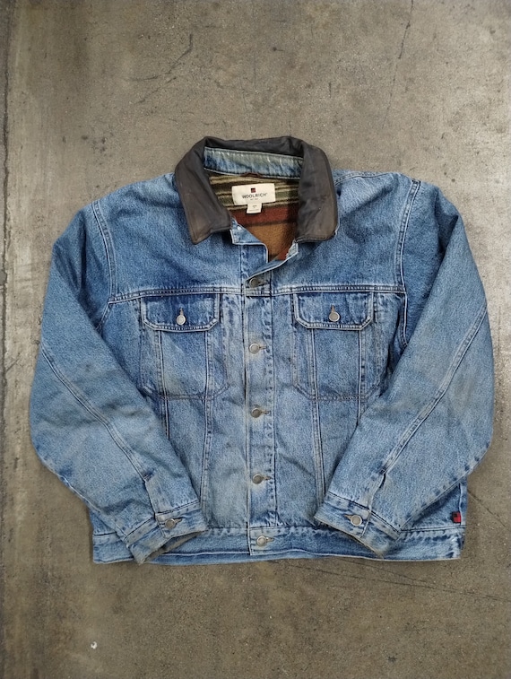 XL 90’s Woolrich Flannel Lined Denim Jacket Work … - image 1