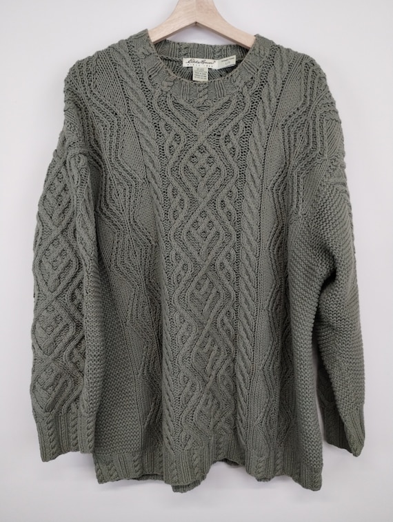 L 90s Eddie Bauer Grey Vertical Ribbed Cable Knit 