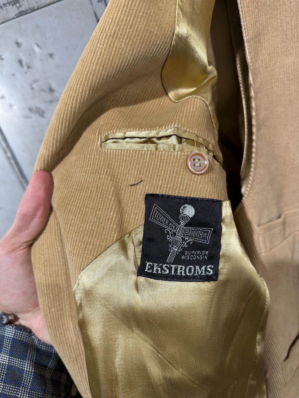 True Vintage 60s Ekstorms Mobster Classy Americana Tan Corduroy Blazer Jacket and Vest Suit Combo Set 46reg, foto 4 di 5