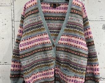 Vintage Eddie Bauer Cardigan Sweater Wool blend pink abstract button up cottage core size small Fair isle