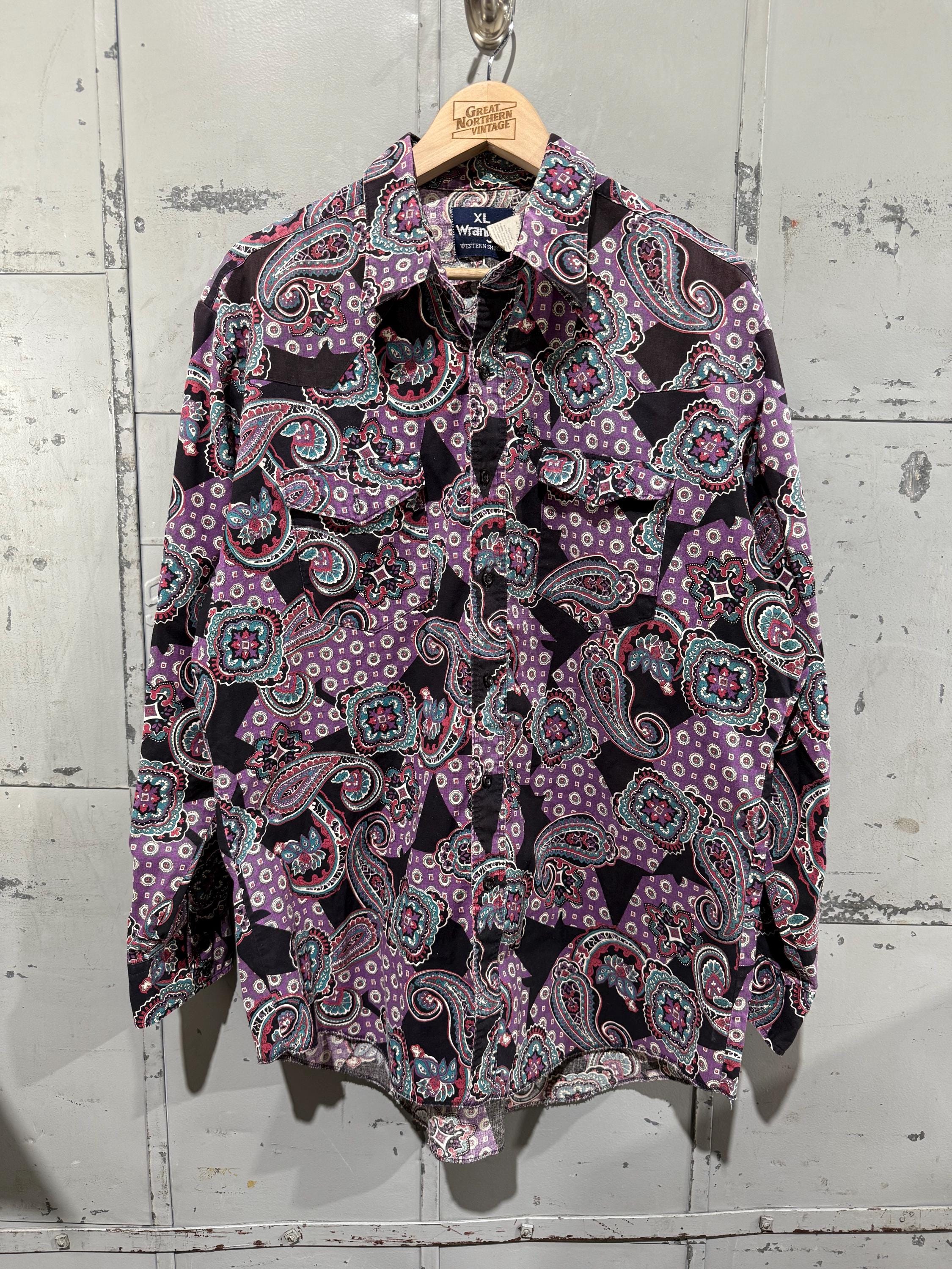 Chemise Homme Vintage Wrangler Années 90 – Rayée Bleu Noir Rose, Taille 15 1/2, Style Western Brushpopper