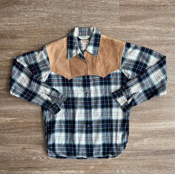 60s Western Plaid Suede Panel Button up Shirt Loop Collar - Etsy