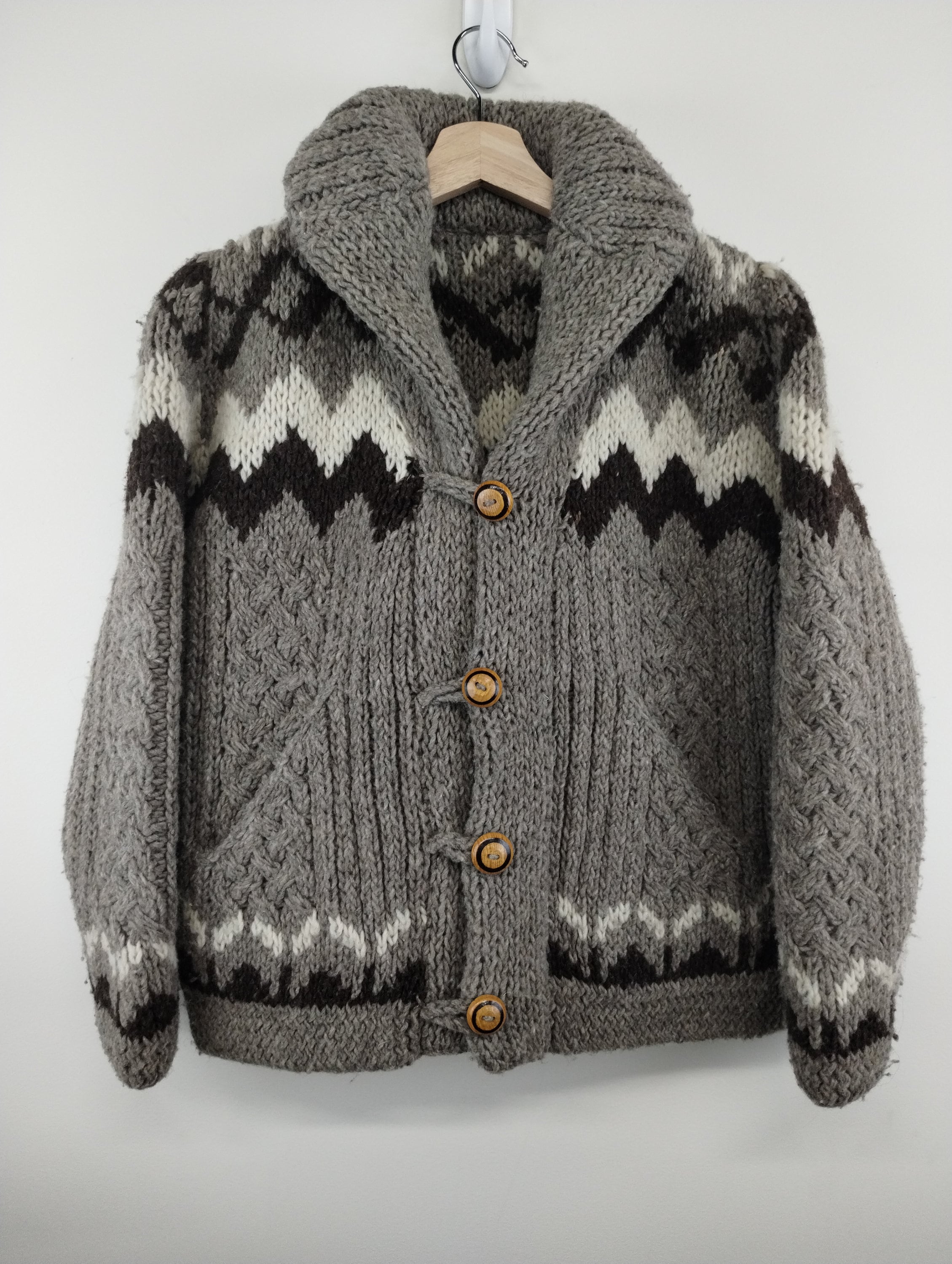 S 60s Wool Cowichan Wave Band Knit Zip-up Cardigan Sweater S 60s Wool Cowichan Wave Band Knit Zip-up Cardigan Sweater