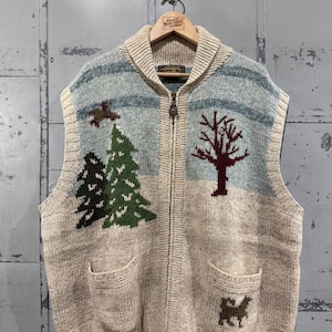 Vintage 90s Winter nature Knit sweater vest scenic sweater wool Trees Snow and birds Eddie Bauer brand