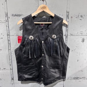 Vintage 90-tals NWT IK Leather Brand Western Tassel svart läder Americana bikerväst stor