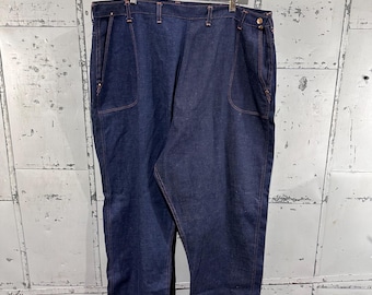 True Vintage 50s Blue Bell Brand Lightweight Dark Denim Indigo Contrast Stitching Utility Farm Wear Side Zip Jeans 43x30