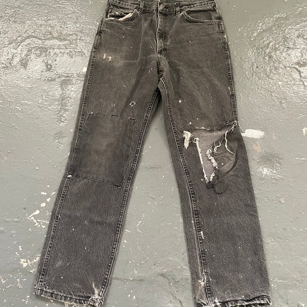 Tamaño 34x32 Vintage 90s Lee Denim Cotton Jeans Hombres Descoloridos Negro Desgastado Ropa de trabajo desgastada Boro