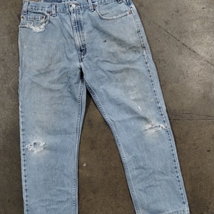 36x31 90s Levi&#39;s 505 Distressed Lightwash Faded Jeans Blue Wash Pants Cowboy Western Trendy Streetwear Tech Rave