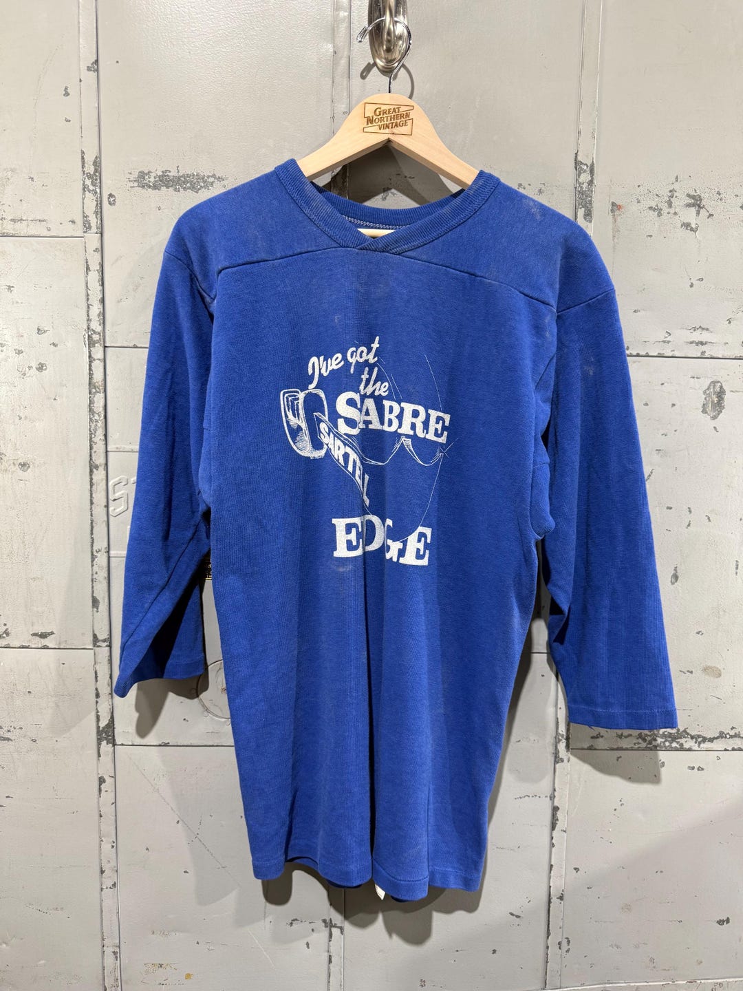 Vintage 70s Russell Football Shirt Blue Tshirt 3/4 Sleeve Sabre