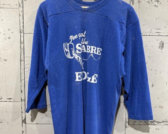 Vintage 70s Russell football Shirt Blue tshirt 3/4 sleeve Sabre Sartell Hockey Medium