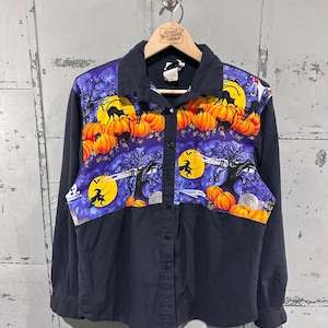 Vintage 90s Cute Pumpkins Witch Black Cat Button Up Halloween Autumn Cozy Costume Large