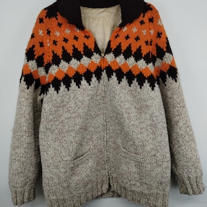 M 70s Knit Zip-Up Cardigan Sweater Wool Medium 1990s 1980s Cool Design Fall Autumn Icelandic Fair isle Norweigan Style