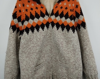M 70s Knit Zip-Up Cardigan Sweater Wool Medium 1990s 1980s Cool Design Fall Autumn Icelandic Fair isle Norweigan Style