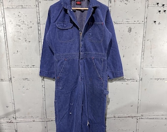 Macacão utilitário vintage autêntico dos anos 70, modelo Big Ben, da Wrangler, em jeans azul marinho, para uso no trabalho, ideal para fazendeiros e mecânicos, perfeito para fantasias de Halloween. Tamanho pequeno.