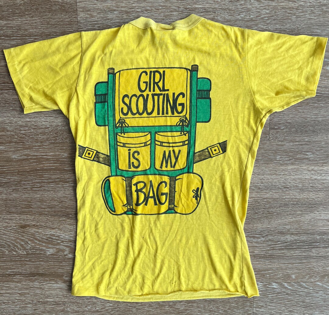 70s Yellow Girl Scouts Tee With Back Graphic Size XS Paper Thin Cotton