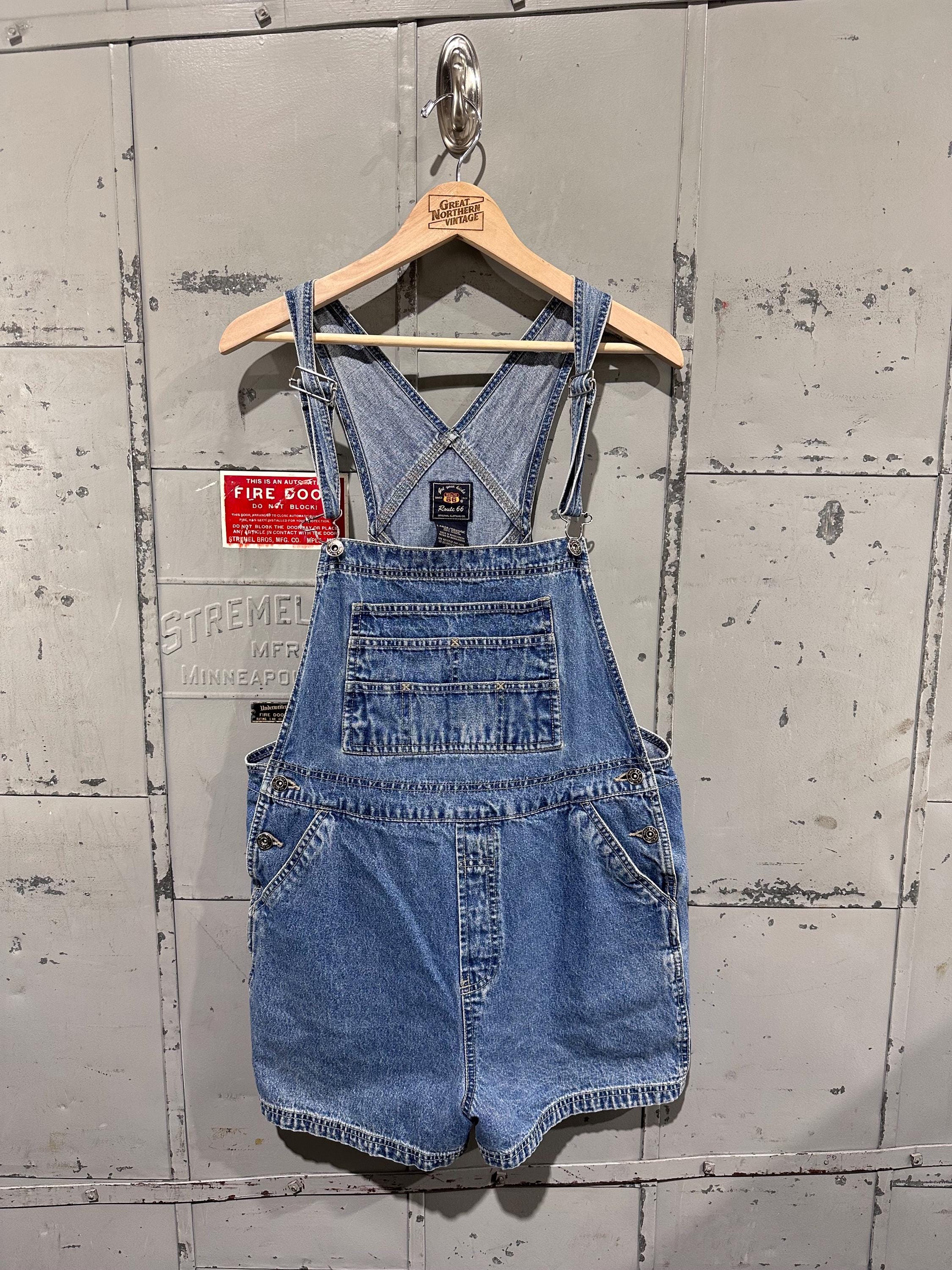 Vintage Route 66 Blue Denim Autumn Utility Workwear Farm Overall Shorts Large