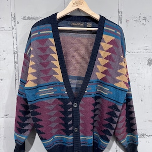 M 90s Geometric Aztec sweater cardigan button up chunky hand knit cardigan southwest design