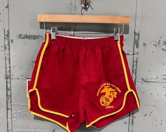 True Vintage 70s Artex Brand Cherry Red Hawaii U.S.M.C. Flock Print Striped Gym Shorts Medium