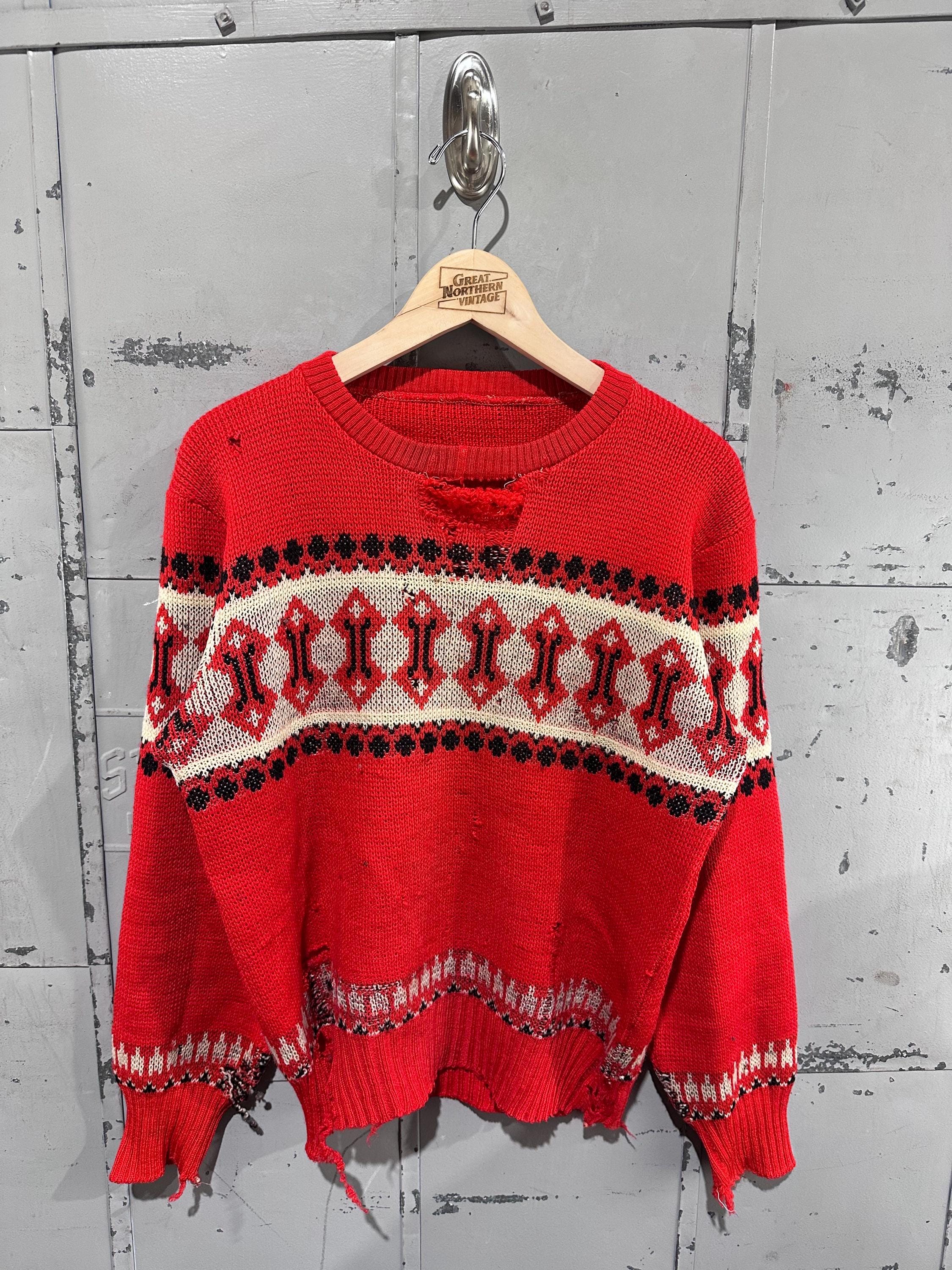 True Vintage 50s Distressed Thrashed Wool Cherry Red Nordic Ski