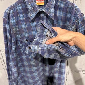 Pu&ograve; includere: Una camicia a maniche lunghe abbottonata con un motivo a quadri blu e azzurro. La camicia presenta un colletto a punta, una tasca frontale e un'etichetta sul collo con la scritta Flannel Craft. Il tessuto ha una trama visibile con un polsino sfilacciato.