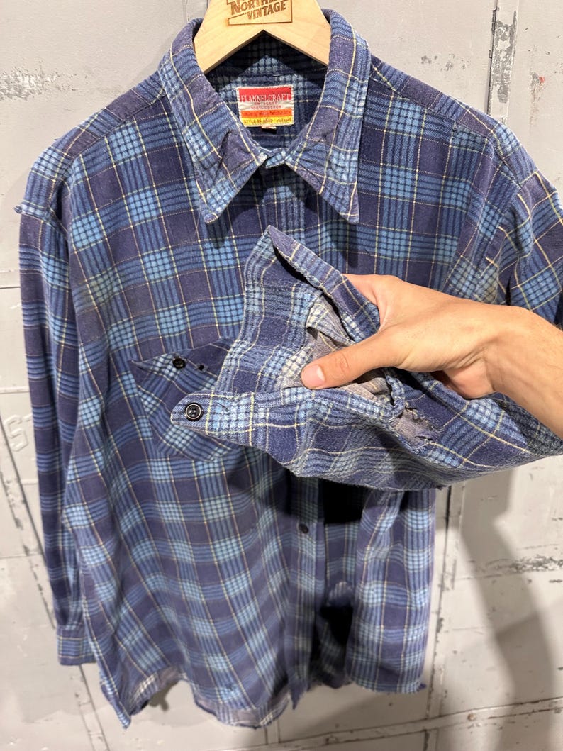 Pu&ograve; includere: Una camicia a maniche lunghe abbottonata con un motivo a quadri blu e azzurro. La camicia presenta un colletto a punta, una tasca frontale e un'etichetta sul collo con la scritta Flannel Craft. Il tessuto ha una trama visibile con un polsino sfilacciato.