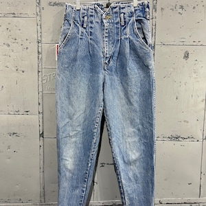 80s, 31x26 high waisted tapered guess blue jeans interesting waist style funky